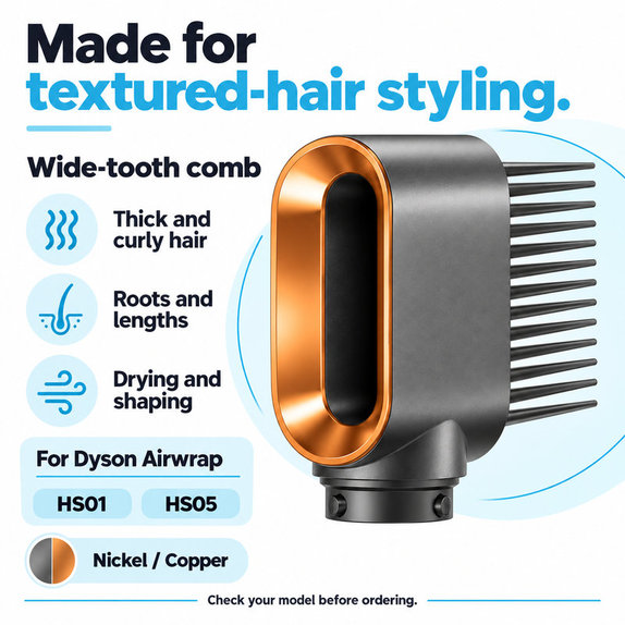 Wide-Tooth Comb for Dyson Airwrap HS01, HS05, Nickel / Copper