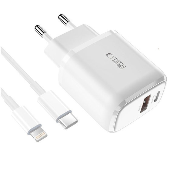 Wall charger C20W 2-PORT PD 20W / QC3.0 + Lightning Cable, white, Tech-Protect