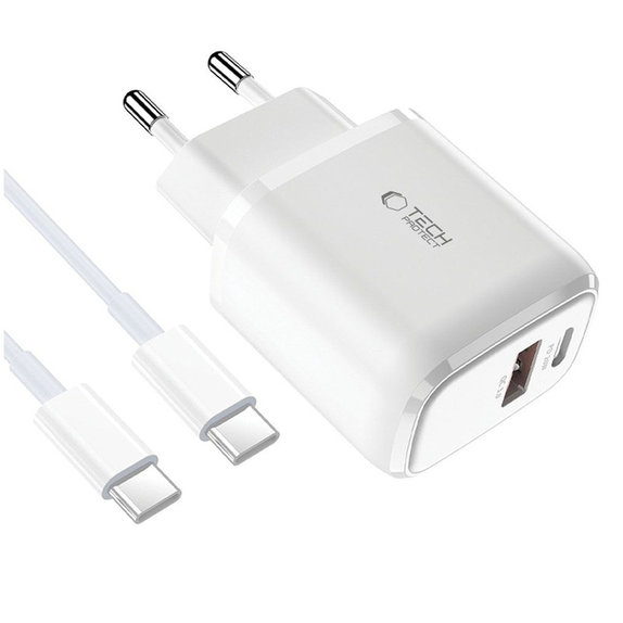 Wall charger C20W 2-PORT PD 20W / QC3.0 + USB-C Cable, white, Tech-Protect