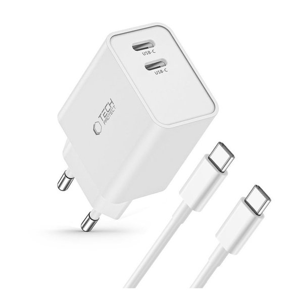 Wall charger C35W 2-PORT PD 35W + USB-C Cable, white, Tech-Protect