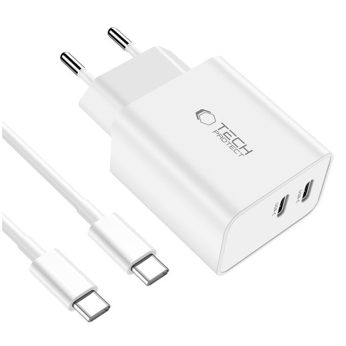 Wall charger C35W 2-PORT PD 35W + USB-C Cable, white, Tech-Protect