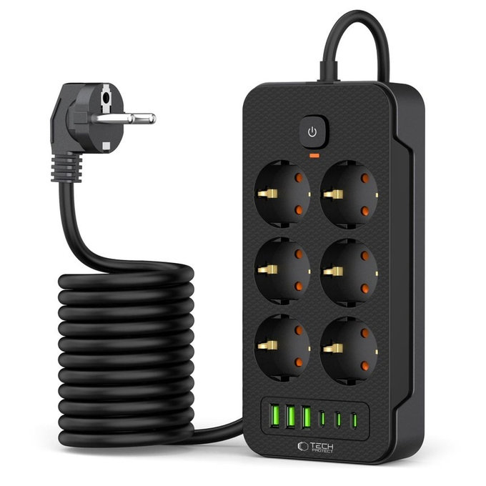 Wall charger PC6X6 Power Strip 3 USB & 3 USB-C & 6 Socket 200cm, black, Tech-Protect