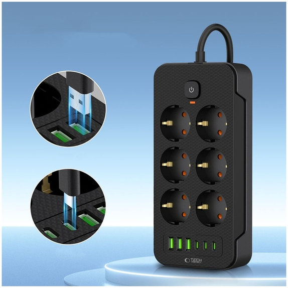 Wall charger PC6X6 Power Strip 3 USB & 3 USB-C & 6 Socket 200cm, black, Tech-Protect