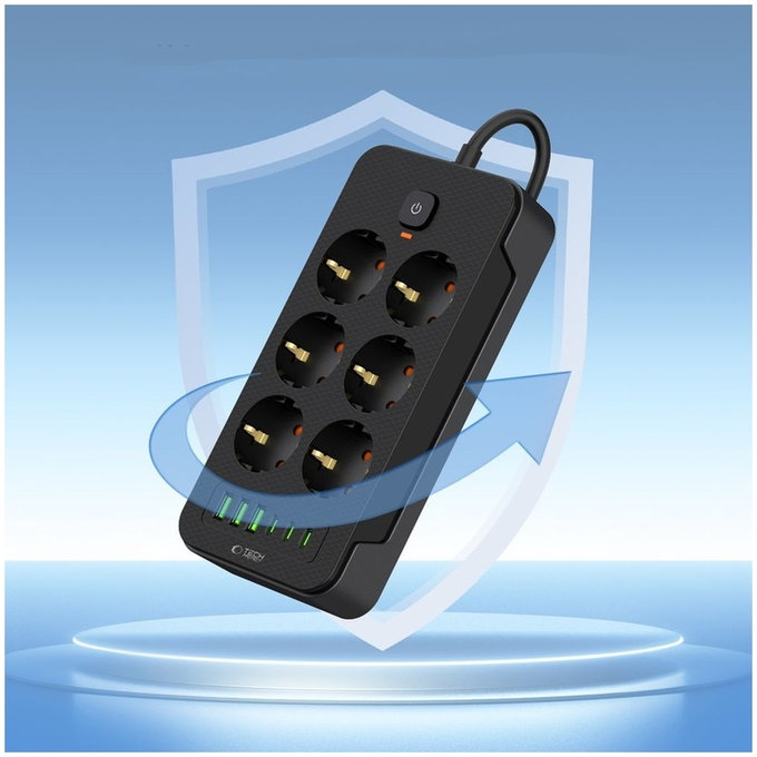 Wall charger PC6X6 Power Strip 3 USB & 3 USB-C & 6 Socket 200cm, black, Tech-Protect
