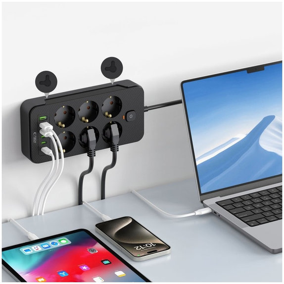 Wall charger PC6X6 Power Strip 3 USB & 3 USB-C & 6 Socket 200cm, black, Tech-Protect
