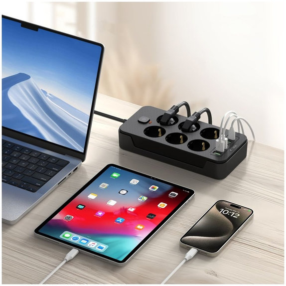 Wall charger PC6X6 Power Strip 3 USB & 3 USB-C & 6 Socket 200cm, black, Tech-Protect