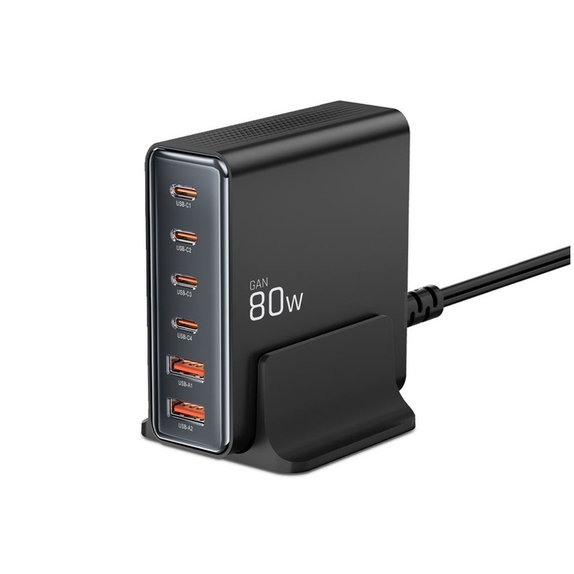 Wall charger DC80W-GAN 6-PORT PD 80W / QC3.0, black, Tech-Protect