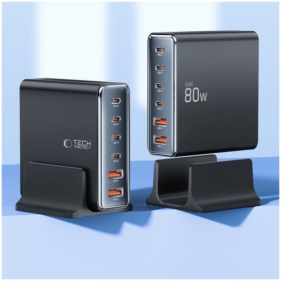 Wall charger DC80W-GAN 6-PORT PD 80W / QC3.0, black, Tech-Protect