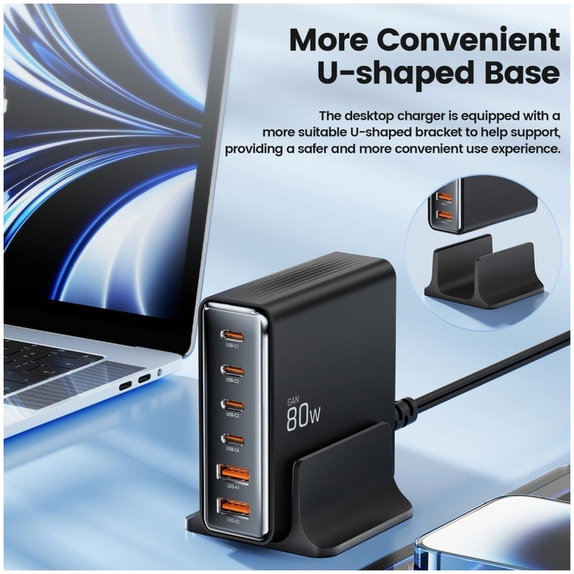 Wall charger DC80W-GAN 6-PORT PD 80W / QC3.0, black, Tech-Protect