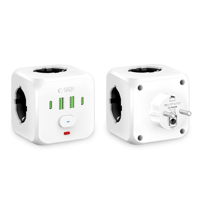 Wall charger PCL3X4 Power Socket 2 USB & 2 USB-C & 3 Socket, white, Tech-Protect