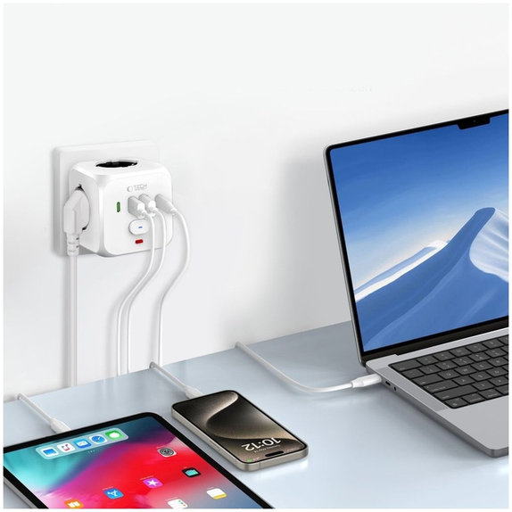 Wall charger PCL3X4 Power Socket 2 USB & 2 USB-C & 3 Socket, white, Tech-Protect
