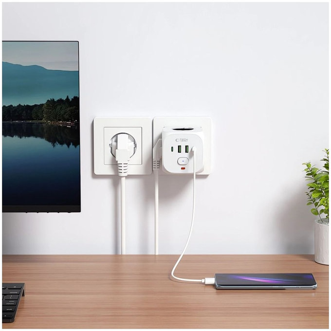Wall charger PCL3X4 Power Socket 2 USB & 2 USB-C & 3 Socket, white, Tech-Protect