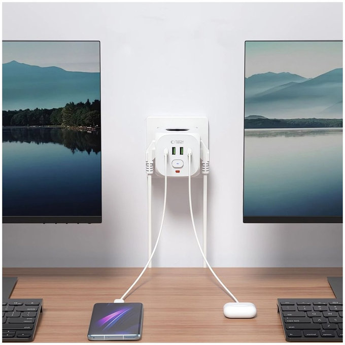Wall charger PCL3X4 Power Socket 2 USB & 2 USB-C & 3 Socket, white, Tech-Protect