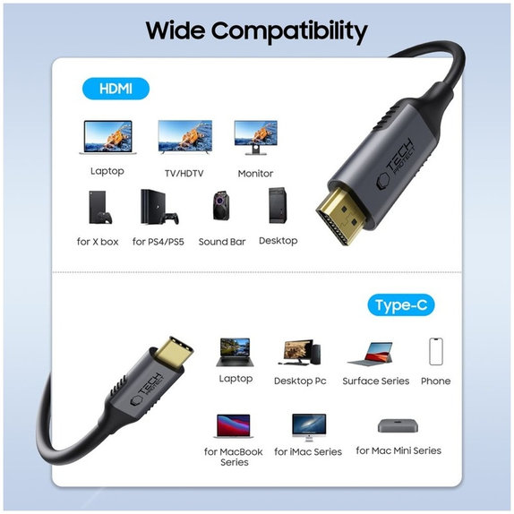 Cable Ultraboost Cable USB-C / Hdmi 2.0 4K 60Hz 180cm, black, Tech-Protect