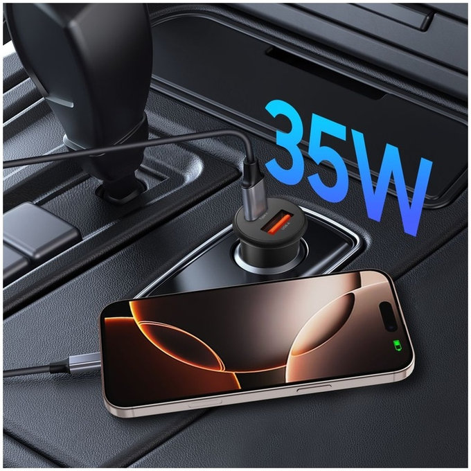 Car charger CC02 2-PORT PD 35W / QC3.0, black, Tech-Protect