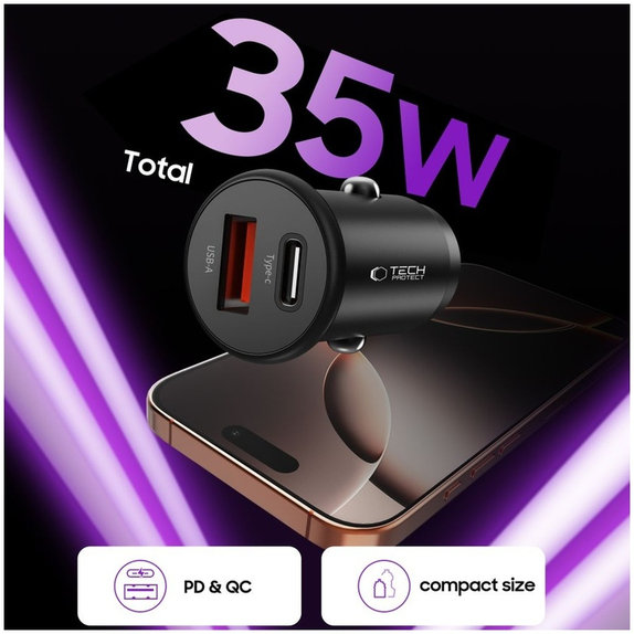 Car charger CC02 2-PORT PD 35W / QC3.0, black, Tech-Protect