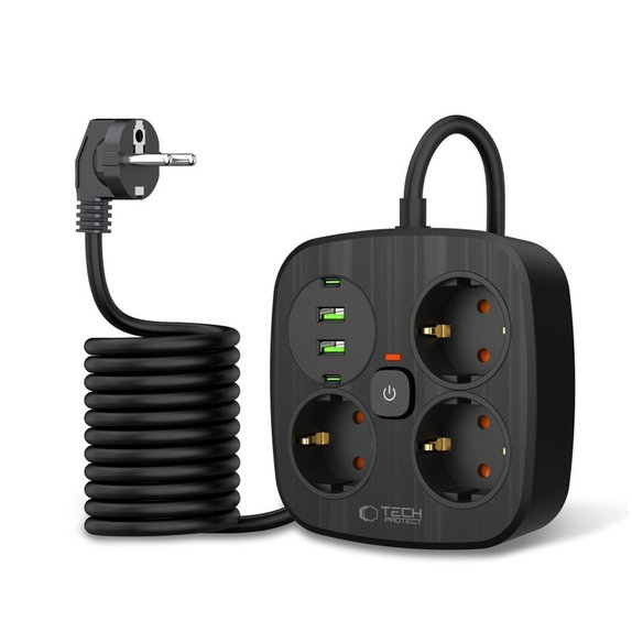 Wall charger PCS3X4 Power Strip 2 USB & 2 USB-C & 3 Socket 200cm, black, Tech-Protect