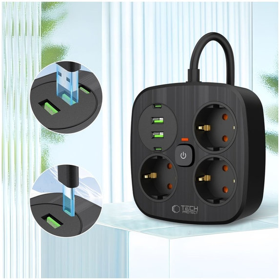 Wall charger PCS3X4 Power Strip 2 USB & 2 USB-C & 3 Socket 200cm, black, Tech-Protect