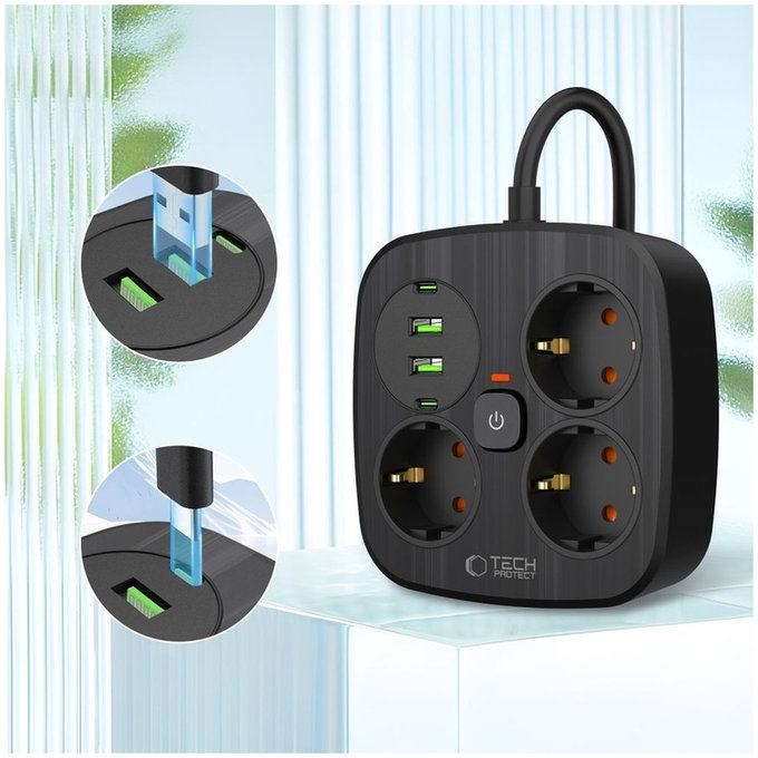 Wall charger PCS3X4 Power Strip 2 USB & 2 USB-C & 3 Socket 200cm, black, Tech-Protect