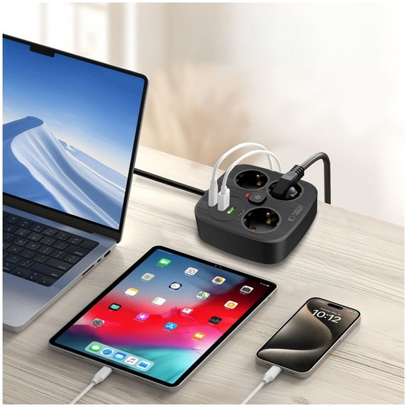 Wall charger PCS3X4 Power Strip 2 USB & 2 USB-C & 3 Socket 200cm, black, Tech-Protect