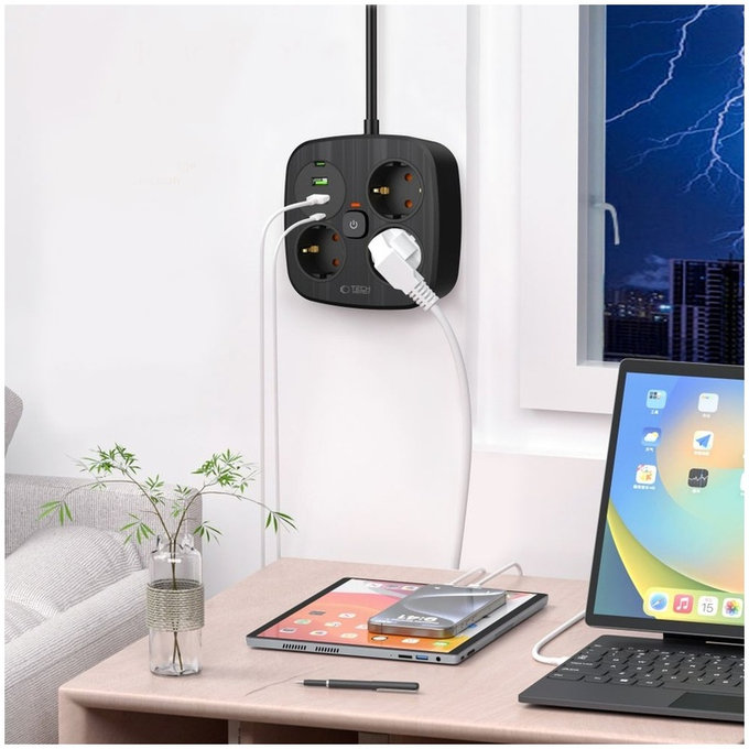 Wall charger PCS3X4 Power Strip 2 USB & 2 USB-C & 3 Socket 200cm, black, Tech-Protect