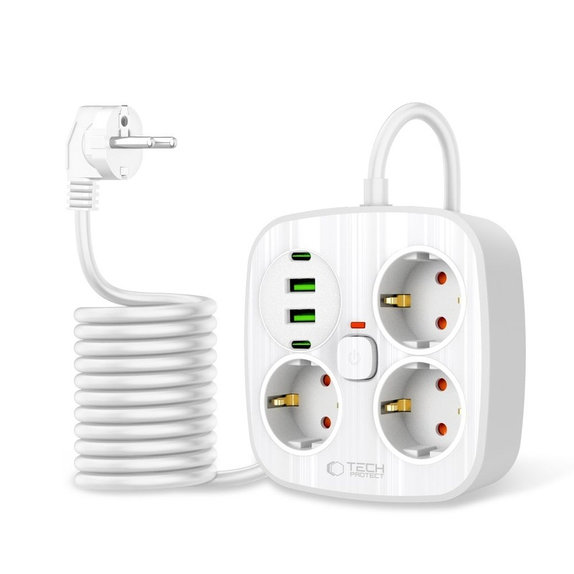 Wall charger PCS3X4 Power Strip 2 USB & 2 USB-C & 3 Socket 200cm, white, Tech-Protect