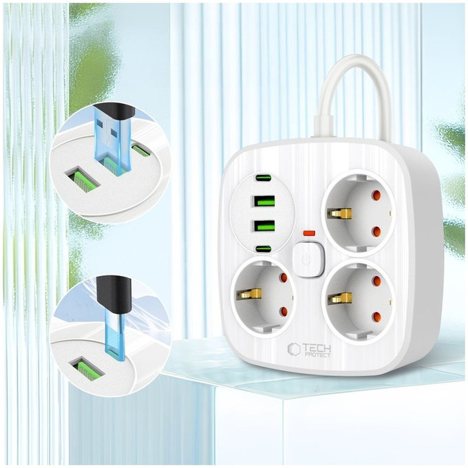 Wall charger PCS3X4 Power Strip 2 USB & 2 USB-C & 3 Socket 200cm, white, Tech-Protect