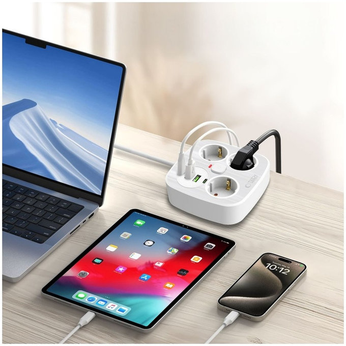 Wall charger PCS3X4 Power Strip 2 USB & 2 USB-C & 3 Socket 200cm, white, Tech-Protect