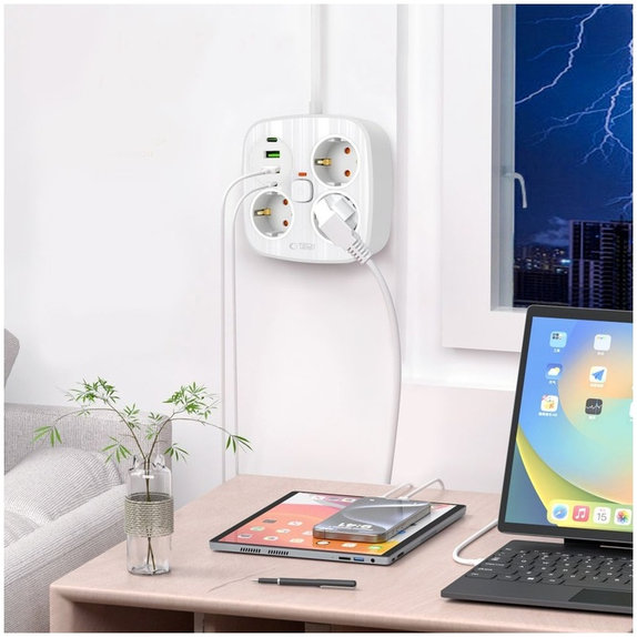 Wall charger PCS3X4 Power Strip 2 USB & 2 USB-C & 3 Socket 200cm, white, Tech-Protect