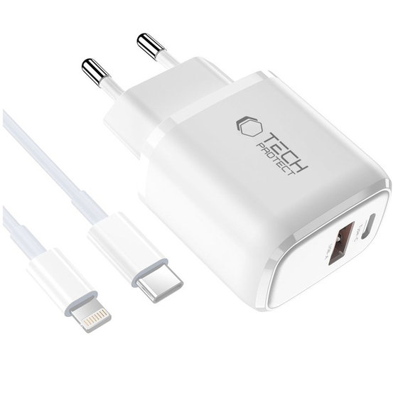 Wall charger NCA20 2-PORT PD 20W / QC3.0 + Lightning Cable, white, Tech-Protect
