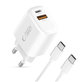 Wall charger NCA20 2-PORT PD 20W / QC3.0 + USB-C Cable, white, Tech-Protect