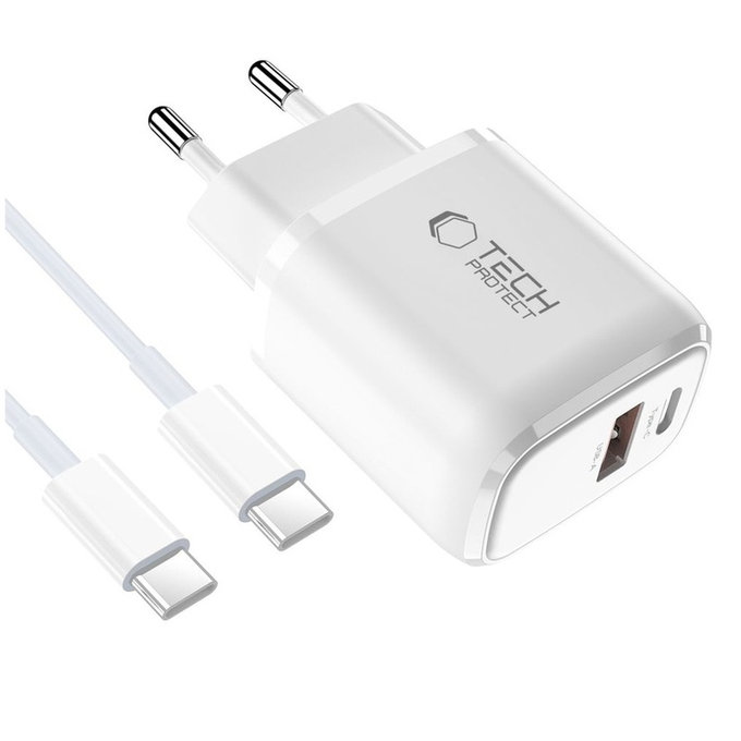 Wall charger NCA20 2-PORT PD 20W / QC3.0 + USB-C Cable, white, Tech-Protect