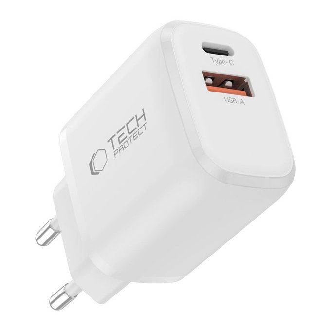 Wall charger NCA20 2-PORT PD 20W / QC3.0 + USB-C Cable, white, Tech-Protect