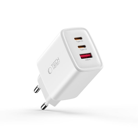Wall charger NCA65W-GAN 3-PORT PD 65W / QC3.0, white, Tech-Protect