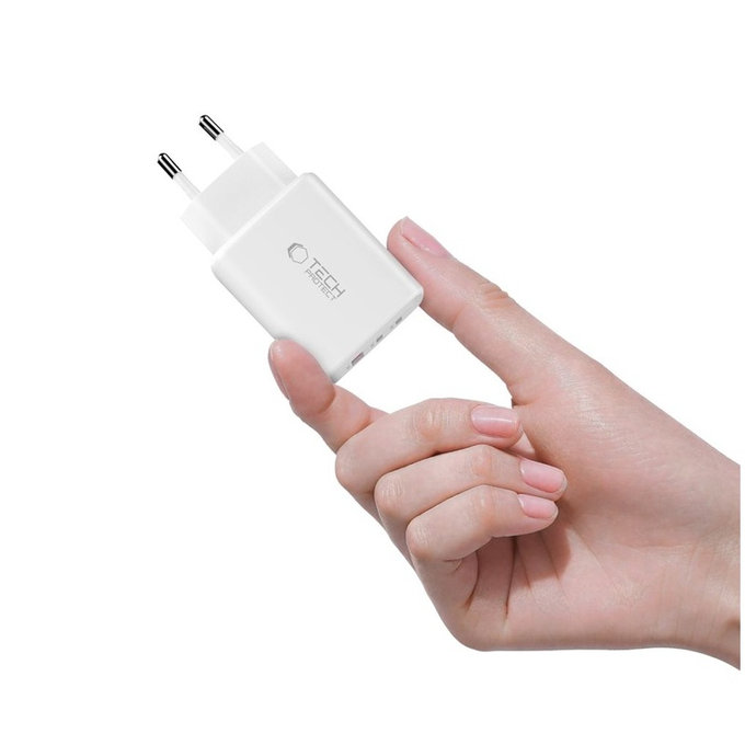 Wall charger NCA65W-GAN 3-PORT PD 65W / QC3.0, white, Tech-Protect