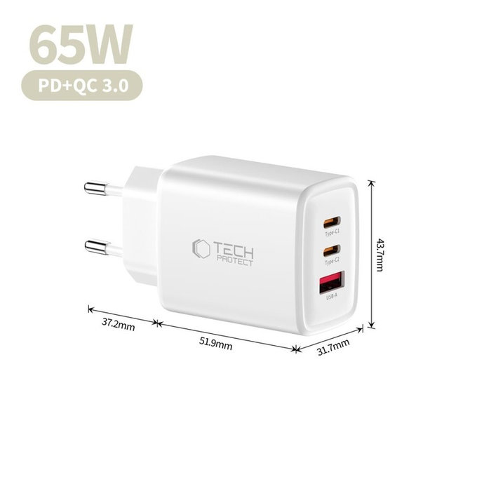 Wall charger NCA65W-GAN 3-PORT PD 65W / QC3.0, white, Tech-Protect
