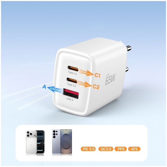 Wall charger NCA65W-GAN 3-PORT PD 65W / QC3.0, white, Tech-Protect