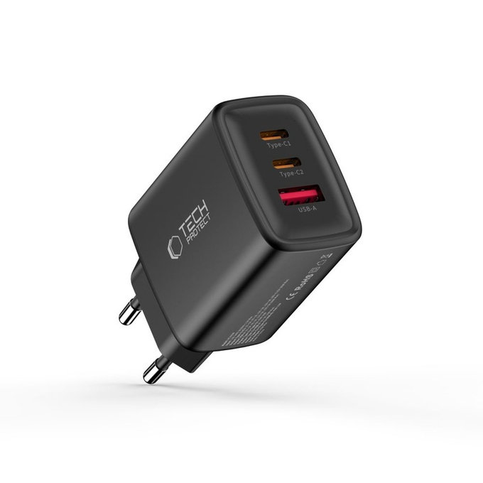 Wall charger NCA65W-GAN 3-PORT PD 65W / QC3.0, black, Tech-Protect
