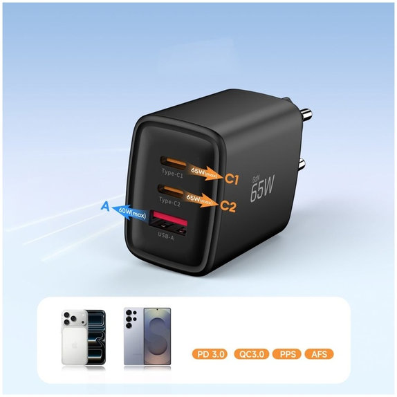 Wall charger NCA65W-GAN 3-PORT PD 65W / QC3.0, black, Tech-Protect