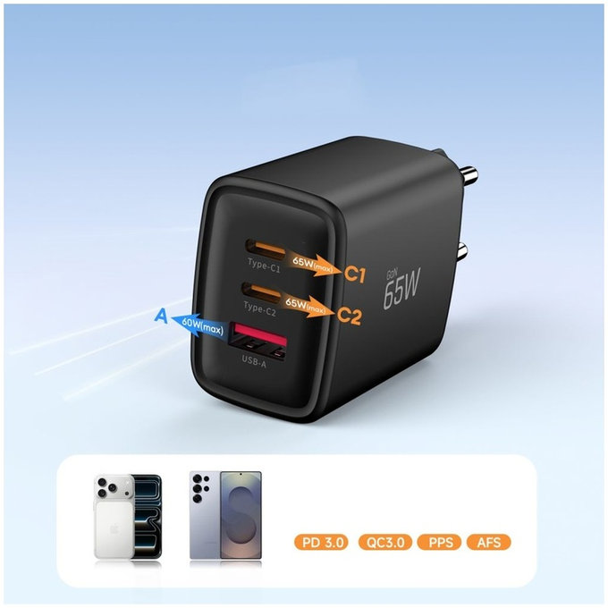 Wall charger NCA65W-GAN 3-PORT PD 65W / QC3.0, black, Tech-Protect
