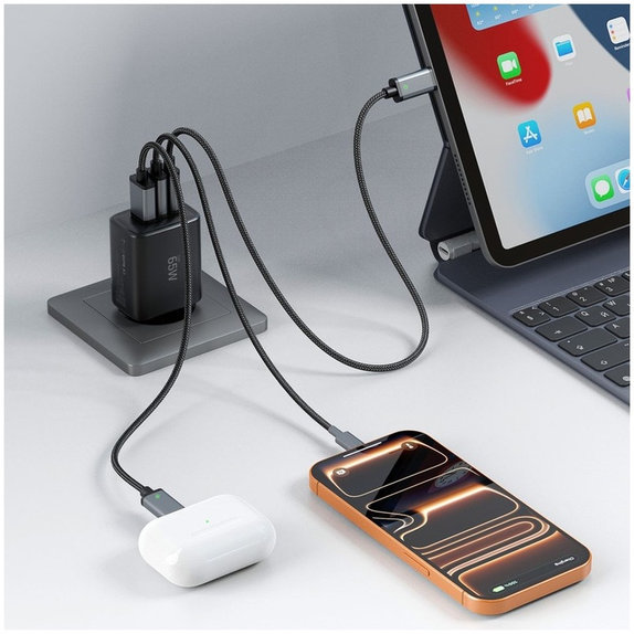 Wall charger NCA65W-GAN 3-PORT PD 65W / QC3.0, black, Tech-Protect
