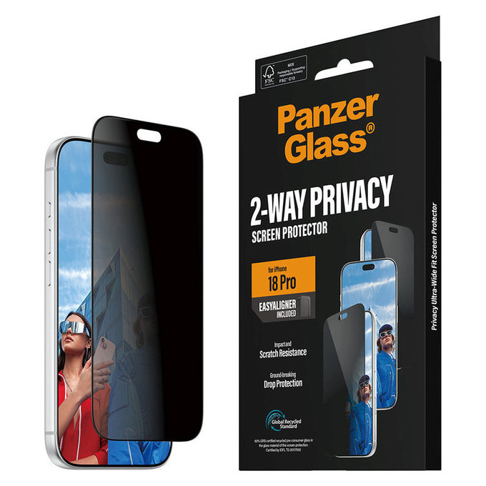 Tempered Glass UWF 2-Way Privacy with Applicator for iPhone 18 Pro, Black, PanzerGlass