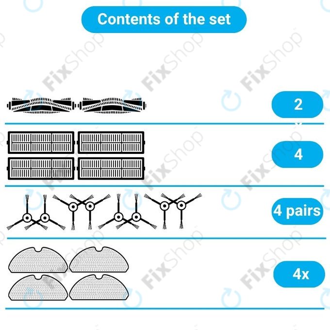 Replacement set for iRobot Roomba Combo 1138, Ecovacs Deebot Ozmo 930 (2x Main brushes, 4x Filters, 4 pairs of Side brushes, 4x Mop cloths)