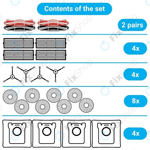 Replacement set for Dreame X50 Ultra, L50 Ultra, L40s Ultra, L40s Pro Ultra, X50 Master, Mova V50 (2 pairs of Main brushes, 4x Filter, 4x Side brush, 8x Mop cloth, 4x Dust bag)
