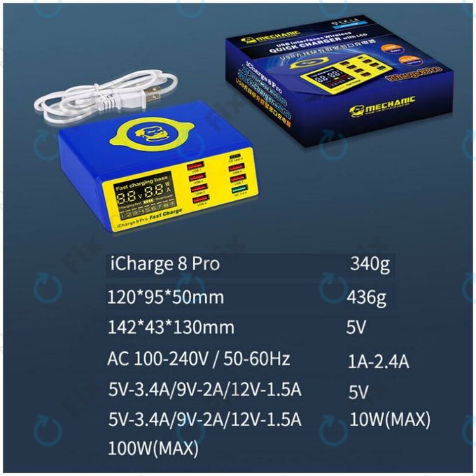 Mechanic iCharge 8 Pro - USB Charging Station with USB-C, USB 3.0 & Wireless Charger
