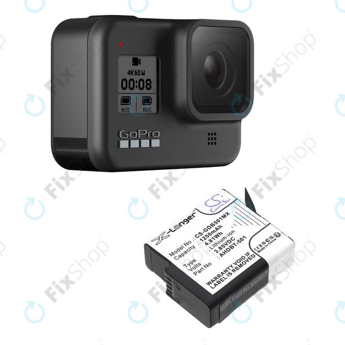 Battery for Gopro Hero 8, Hero 6, 1250mAh, Li-Ion, 3.85V, AHDBT-501, HQ