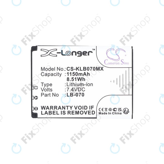 Battery for Kodak PIXPRO S1, AZ651, AZ652, AZ901, 1150mAh, Li-Ion, 7.4V, LB-070, HQ