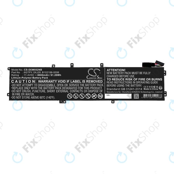 Battery for Dell XPS 15, Dell Precision 9560, 9570, 8000mAh, Li-Pol, 11.4V, 6GTPY, HQ