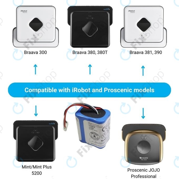iRobot Braava 2000, 300, 380, 380T, 381, 390, Mint 5200, Mint Plus 5200, Proscenic JOJO Professional - Battery GPRHC202N026, 4409709, W206001001399 Ni-MH 7.2V 2500mAh