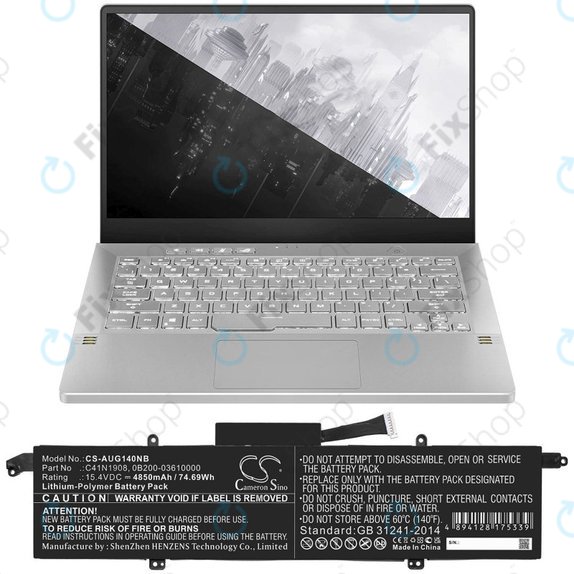 Battery for Asus ROG Zephyrus G14 Ga401, 4850mAh, Li-Pol, 15.4V, C41N1908, HQ